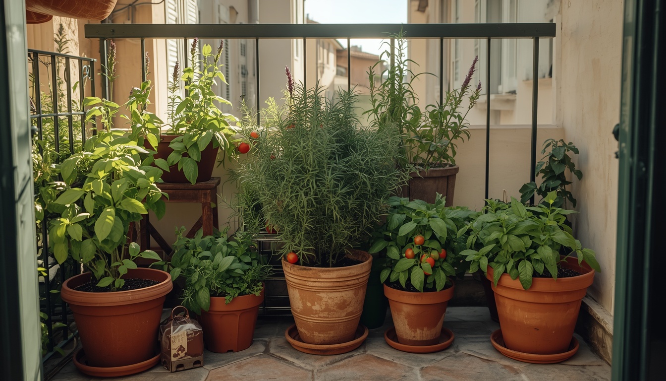 Aromatiche e ortaggi coltivati in vaso su un balcone soleggiato
